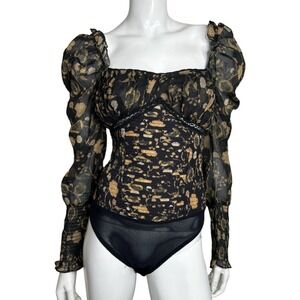Free People Brunch Date Floral Print Black and Brown Bodysuit Woman's XS‎